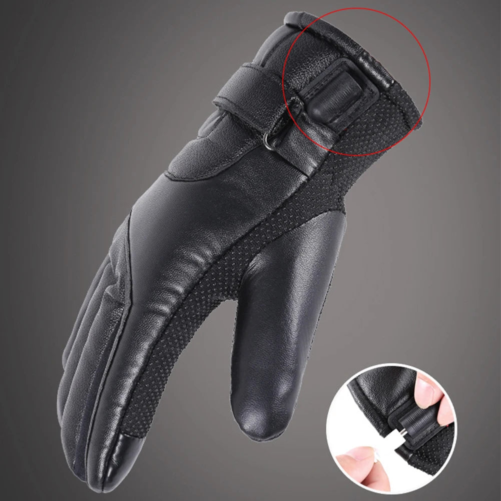 Leather Thermal Heated Gloves Waterproof Outdoor Cycling Thermal Bike Gloves Touchscreen Hand Warmer for Hiking Skiing Fishing