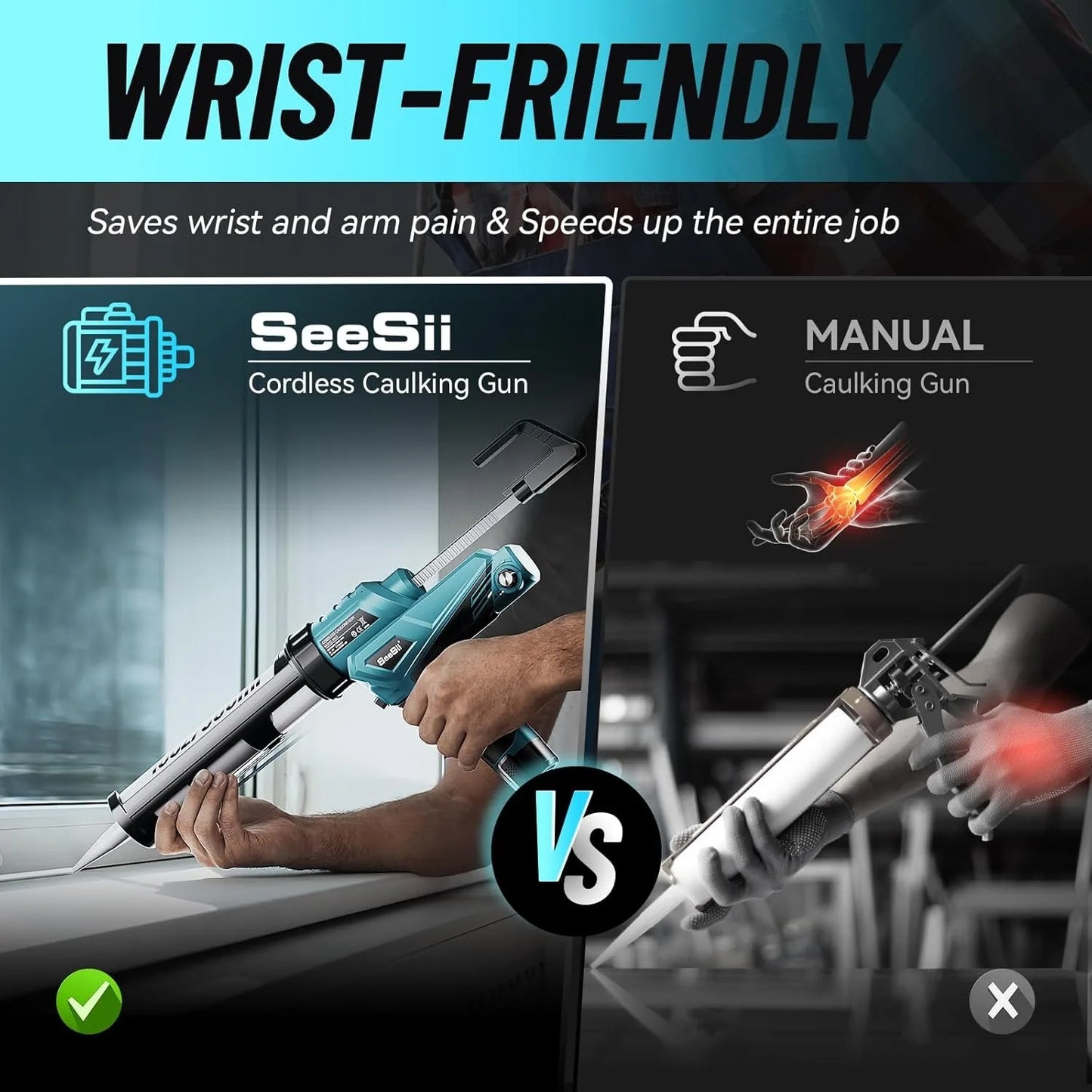 SEESII Electric Caulking Gun 10oz Cordless Caulking Gun 2pcs 2000mAh Battery 6 Adjustable Speeds Adhesive Gun Kit Power Tools