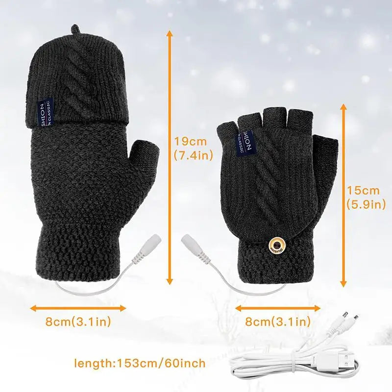 Winter USB Heated Gloves Fingerless Knitted Mittens Adjustable Electric Heated Gloves Cycling Skiing Gloves For Women & Men