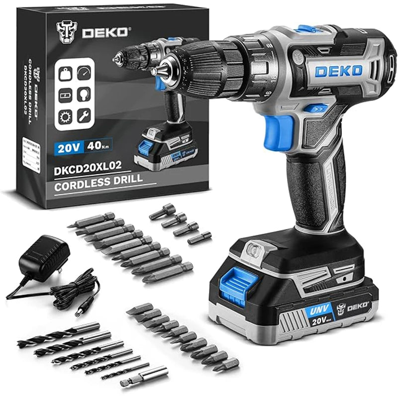 DEKO Cordless Drill 20V Electric Power Drill Set Drills Cordless with Battery and Charger Drill Driver Power Drill Cordless