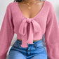 Women Y2K Bow Tie V Neck Bodycon Cropped Pullover Sweater Long Sleeve Fall Winter Solid Knit Top