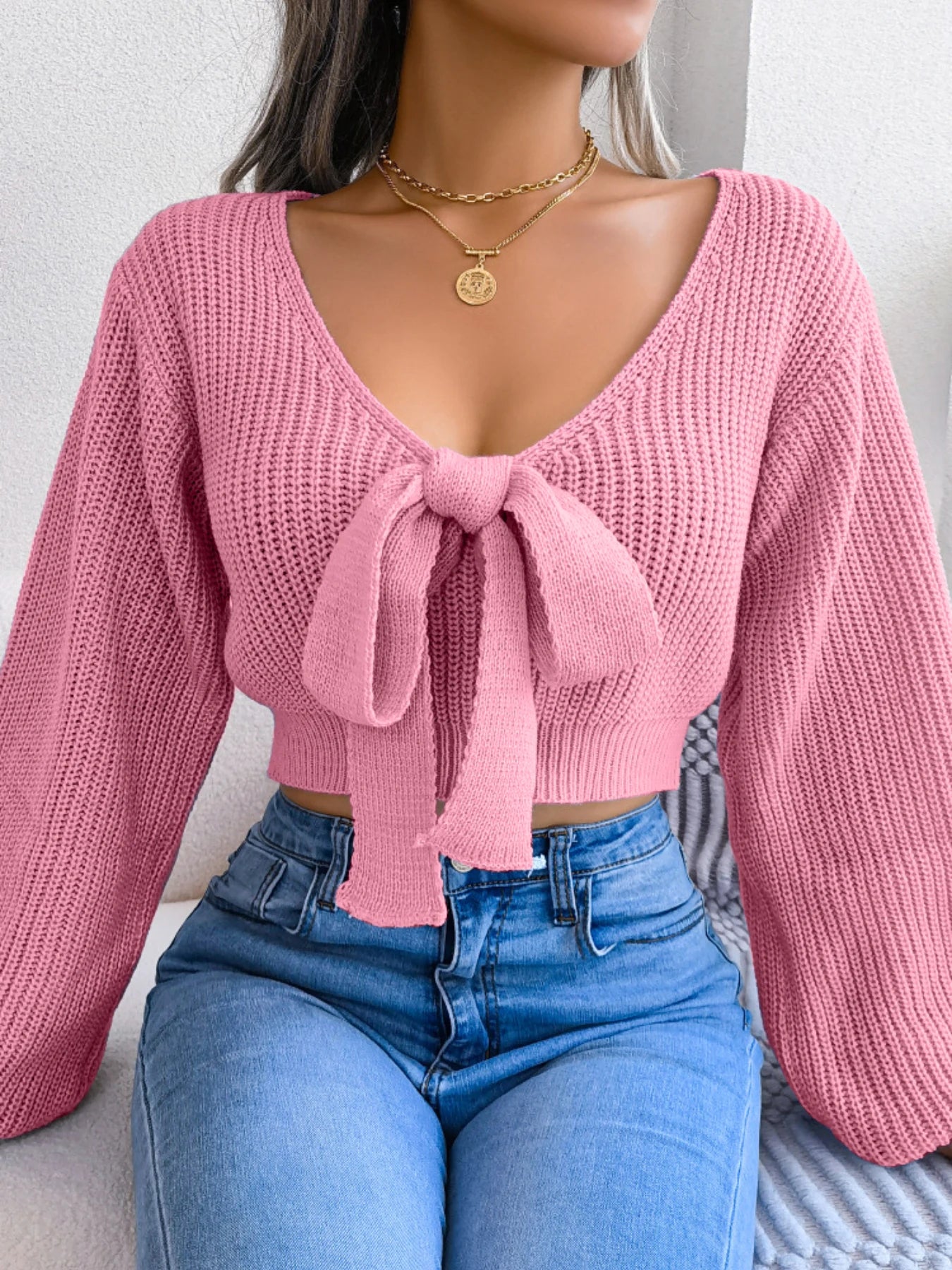 Women Y2K Bow Tie V Neck Bodycon Cropped Pullover Sweater Long Sleeve Fall Winter Solid Knit Top