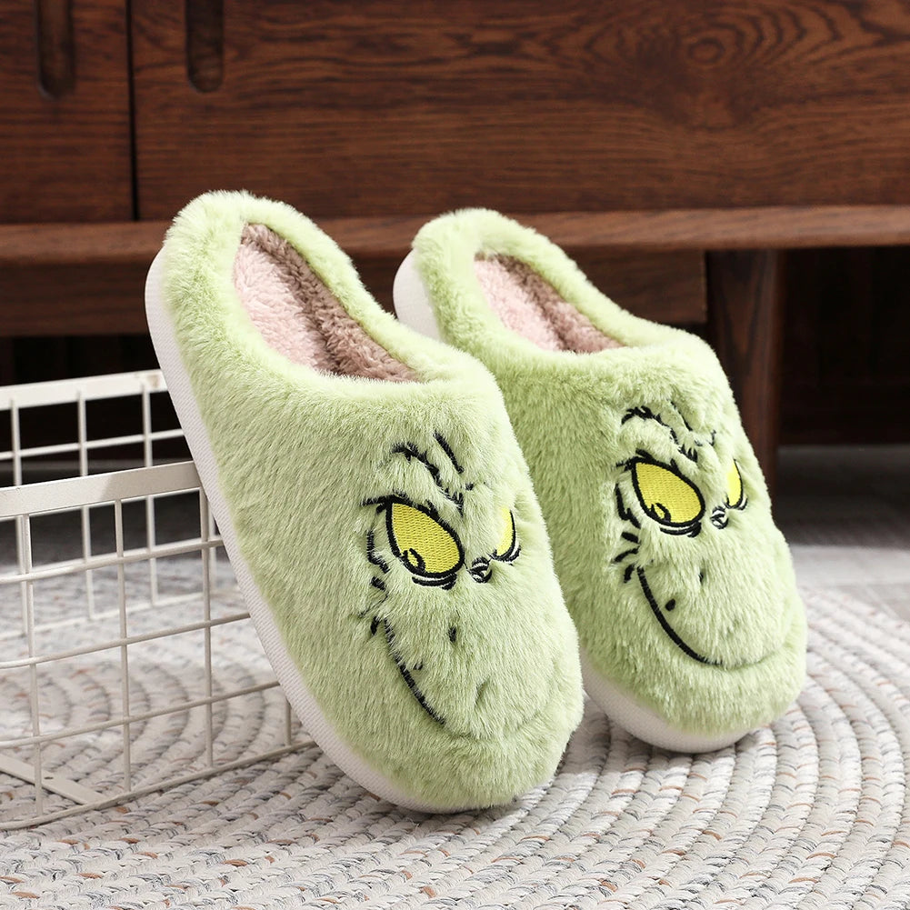 For Grinch Plush Slippers Warm Slip-on House Shoes Breathable Fluffy Home Slippers Cute Monster Slippers for Men Women