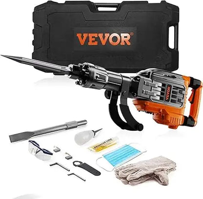 VEVOR 3500W Electric Demolition Hammer, 1900 BPM Durable Jack Hammer, Concrete Breaker with 2 Chisels, Gloves, and a 360° Rotata