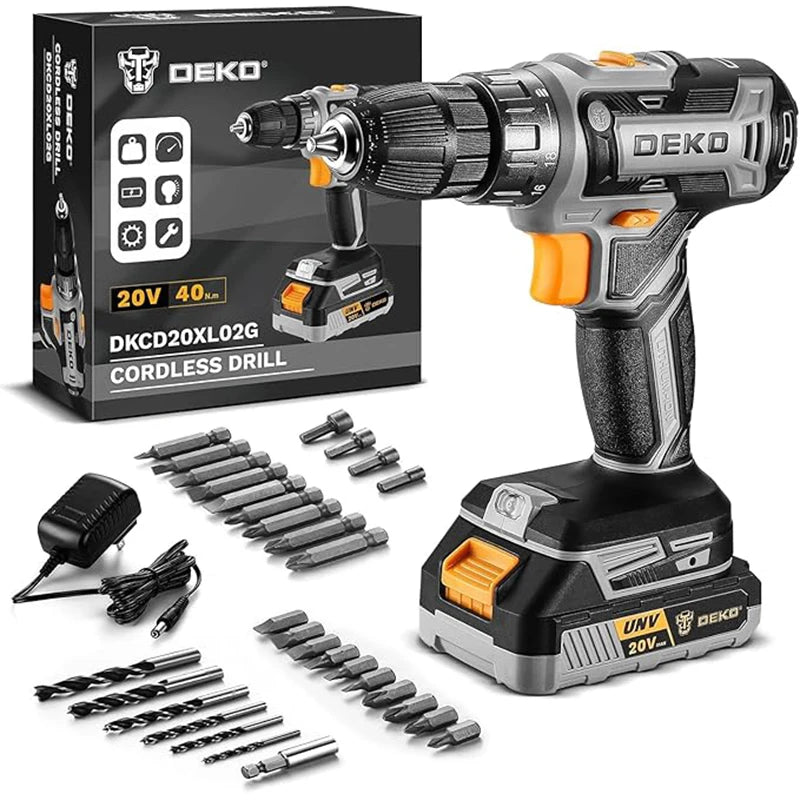 DEKO Cordless Drill 20V Electric Power Drill Set Drills Cordless with Battery and Charger Drill Driver Power Drill Cordless