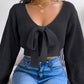 Women Y2K Bow Tie V Neck Bodycon Cropped Pullover Sweater Long Sleeve Fall Winter Solid Knit Top
