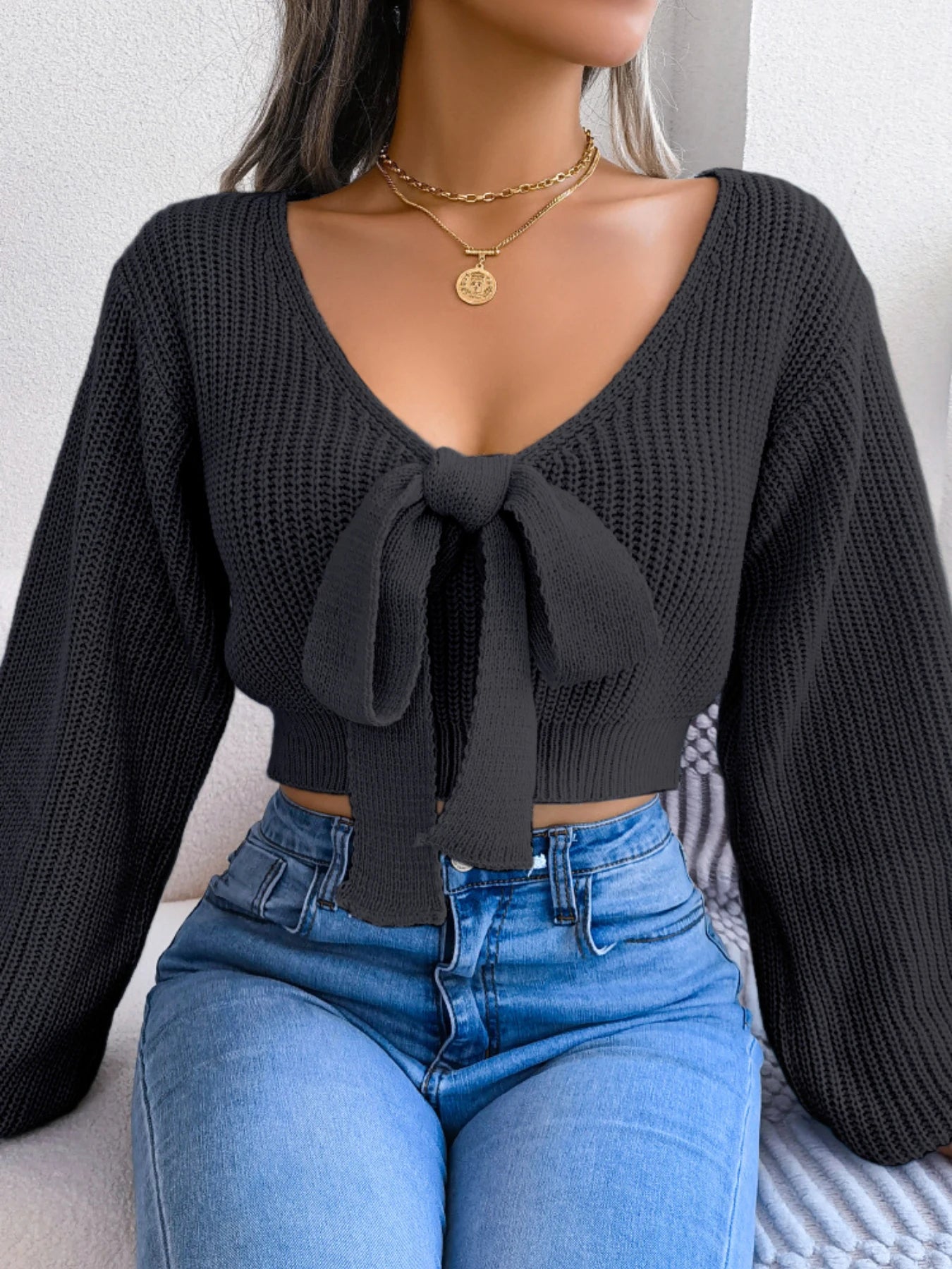 Women Y2K Bow Tie V Neck Bodycon Cropped Pullover Sweater Long Sleeve Fall Winter Solid Knit Top