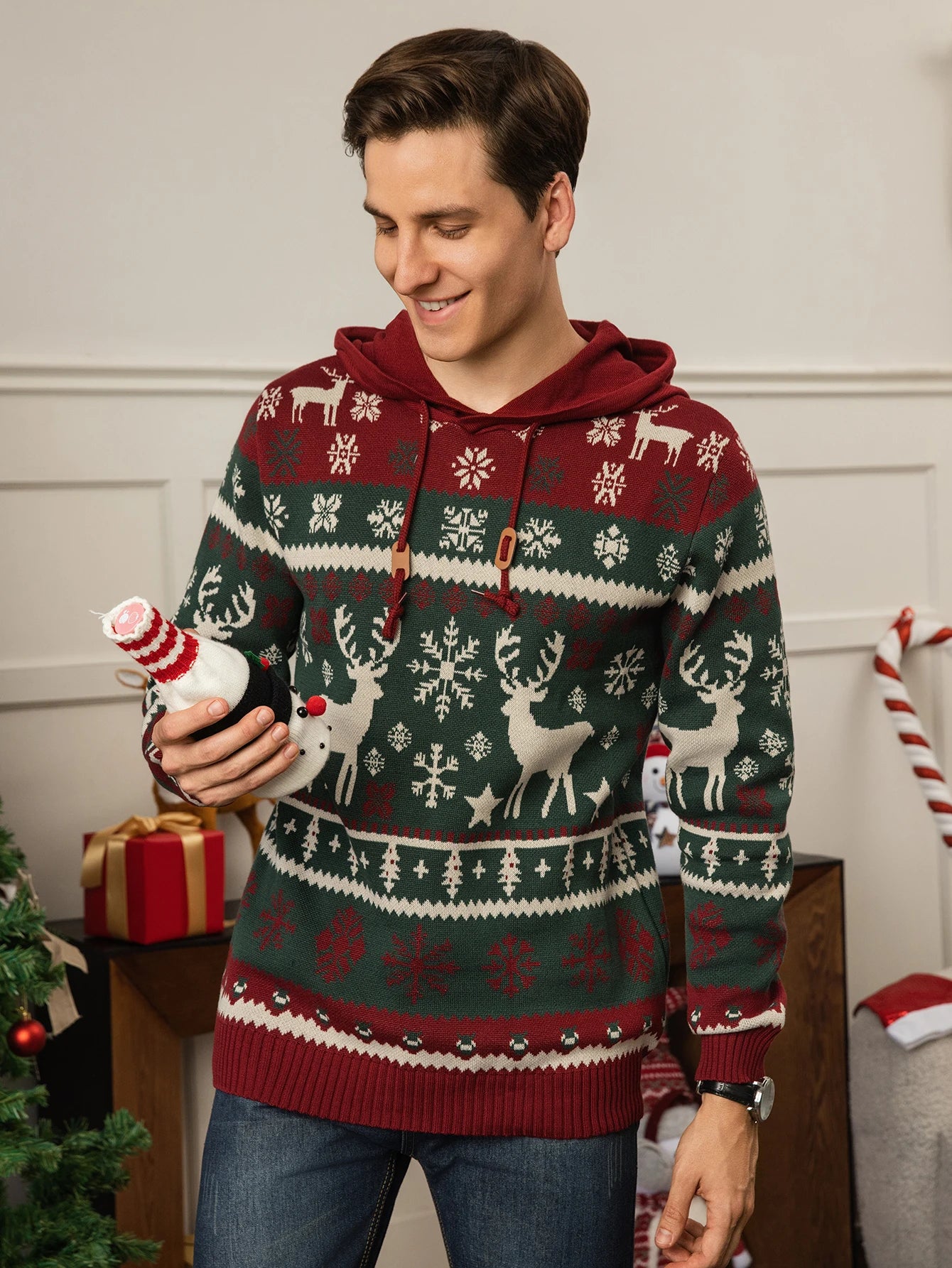 Christmas Men's Sweater with Hood - Festive Reindeer & Snowflake Design for Holiday Warmth