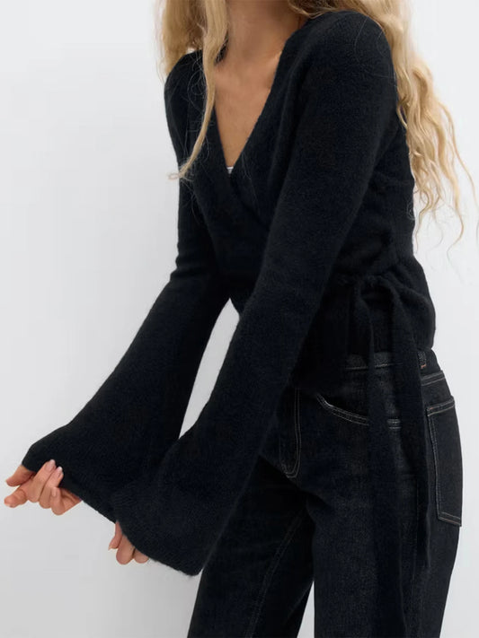 Women s V Neck Tie Front Wrap Cardigan Long Sleeve Crop Knit Sweater Casual Fall Clothes Solid Color Stylish Top