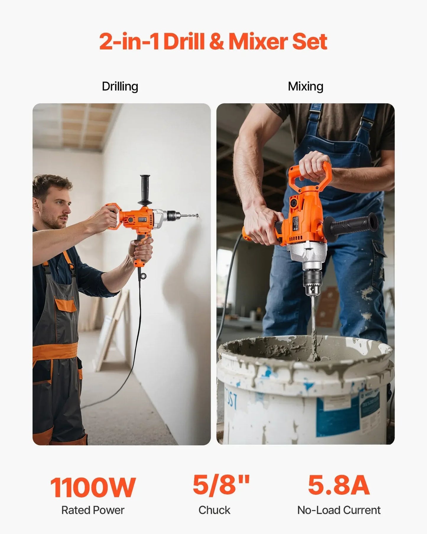 1100W Electric Drill Mixer 5/8" 0-850 RPM Mixing & Drilling Machine with D-Handle Handheld Cement Mixers for Fodder Paint Cement