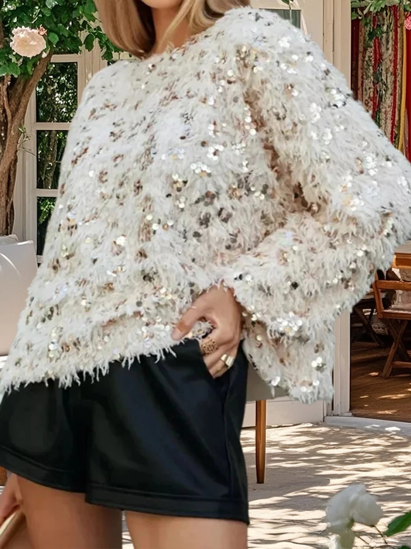 Women s Sparkly Sequin Sweater with Feather Tassel Detailing Cozy Crew Neck Long Sleeve Pullover for Stylish Winter and Fall