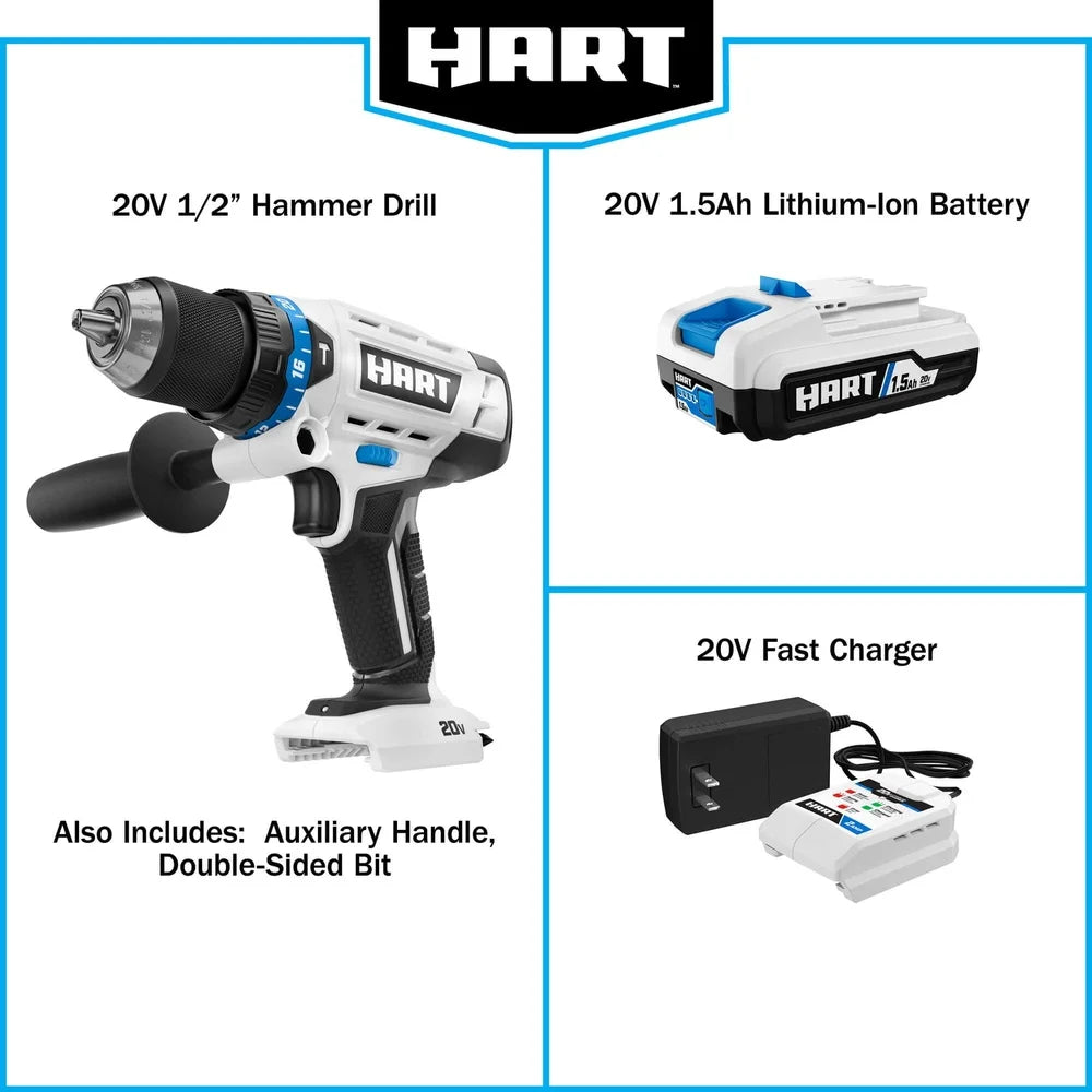 20V Cordless Hammer Drill Kit 24 Position Clutch 1/2 Inch Metal Chuck LED Light Auxiliary Handle Fast Charger Included