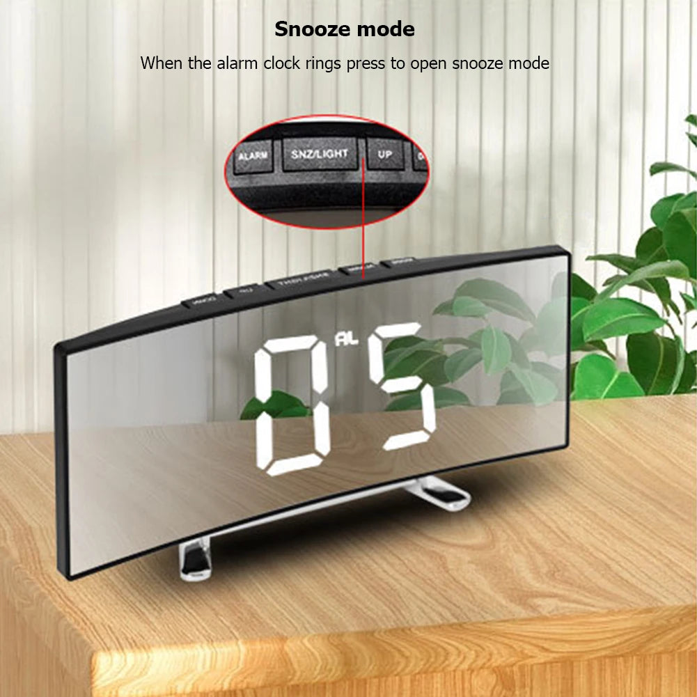 Creative LED Curved Screen Mirror Alarm Clock Large Display Bedside Table Digital Clock for Home Office Dormitory