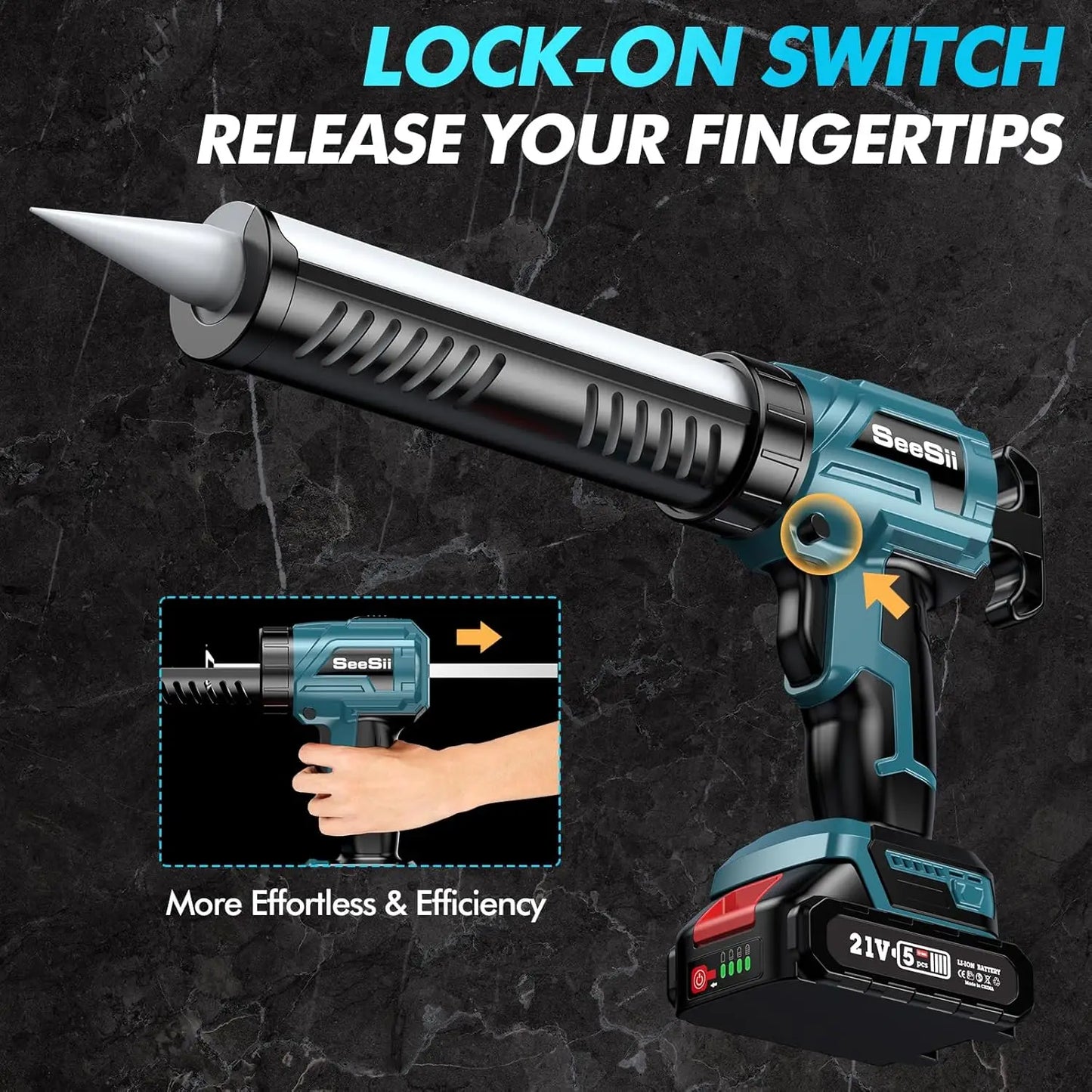 Seesii Cordless Caulking Gun 21V Battery Caulk Gun Electric Glue Gun 4 Speeds Auto Retract, Adhesive Gun Kit for Filling Sealing