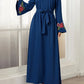 Elegant Floral Patterned Abaya Dress with Belt and Flare Sleeves Round Neck Long Sleeve Robe for Women Perfect for Prayer and