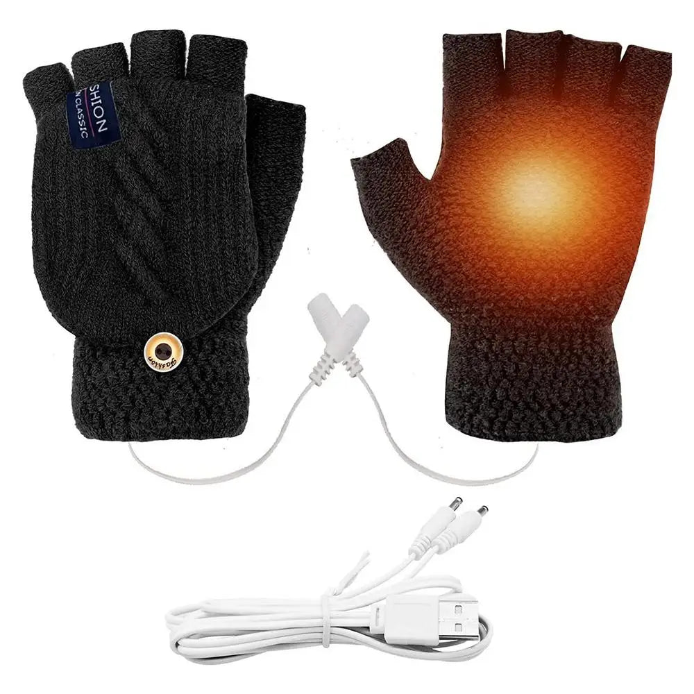 Winter USB Heated Gloves Fingerless Knitted Mittens Adjustable Electric Heated Gloves Cycling Skiing Gloves For Women & Men