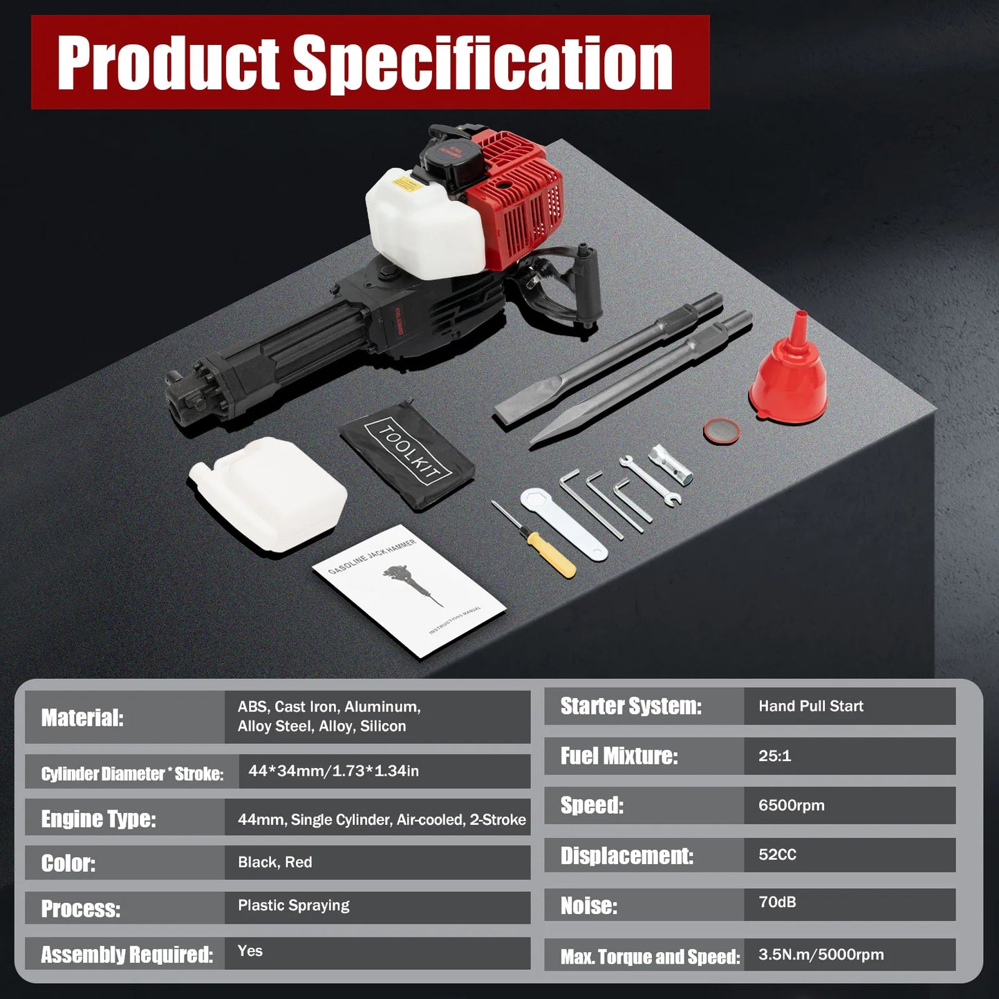 1900W 52CC Gasoline Power Demolition Jack Hammer 1500bpm Impact Frequency Concrete Breaker for Ground Slotting Rock Breaking