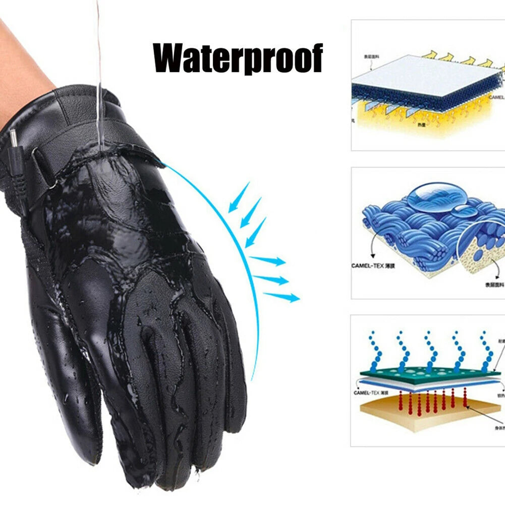 USB Heated Gloves PU Winter Electric Warming Gloves Soft Leather Heating Gloves Winter Outdoor Warm Gloves for Off Road Skiing