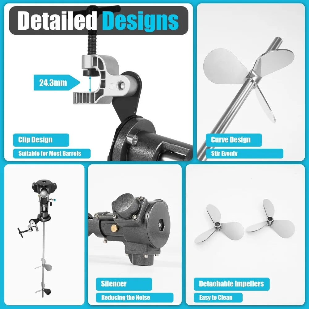 Pneumatic Mixer, 1.135m/3.72ft Stainless Steel Detachable Drum Mixer Silver Coating Mix Tool Barrel Paint Mixer of 50