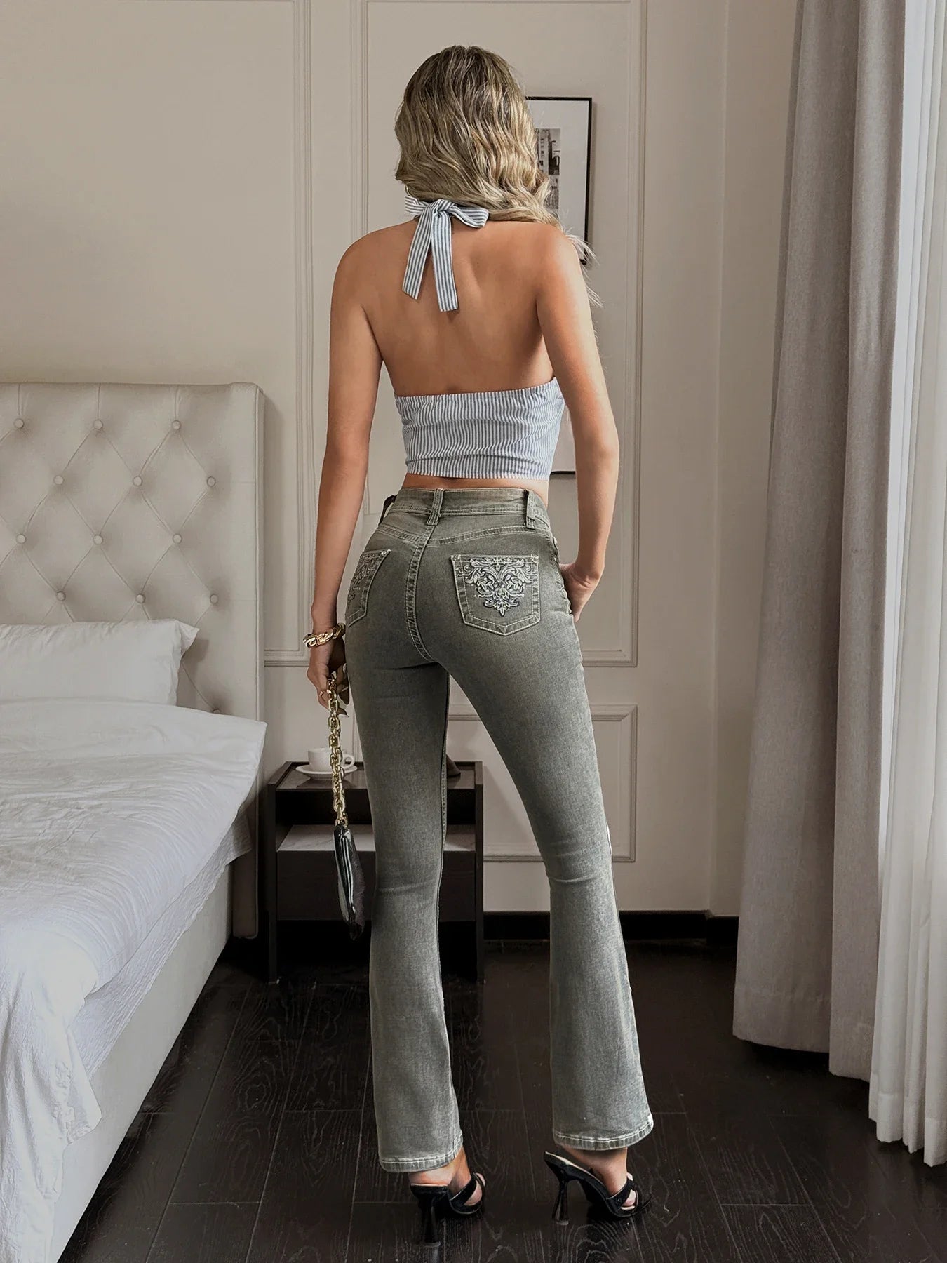 High Waist Plus Size Grey Denim Pants Stretch Fit Jeans for Full Figured Women Body Sculpting Flare Cut Clothing