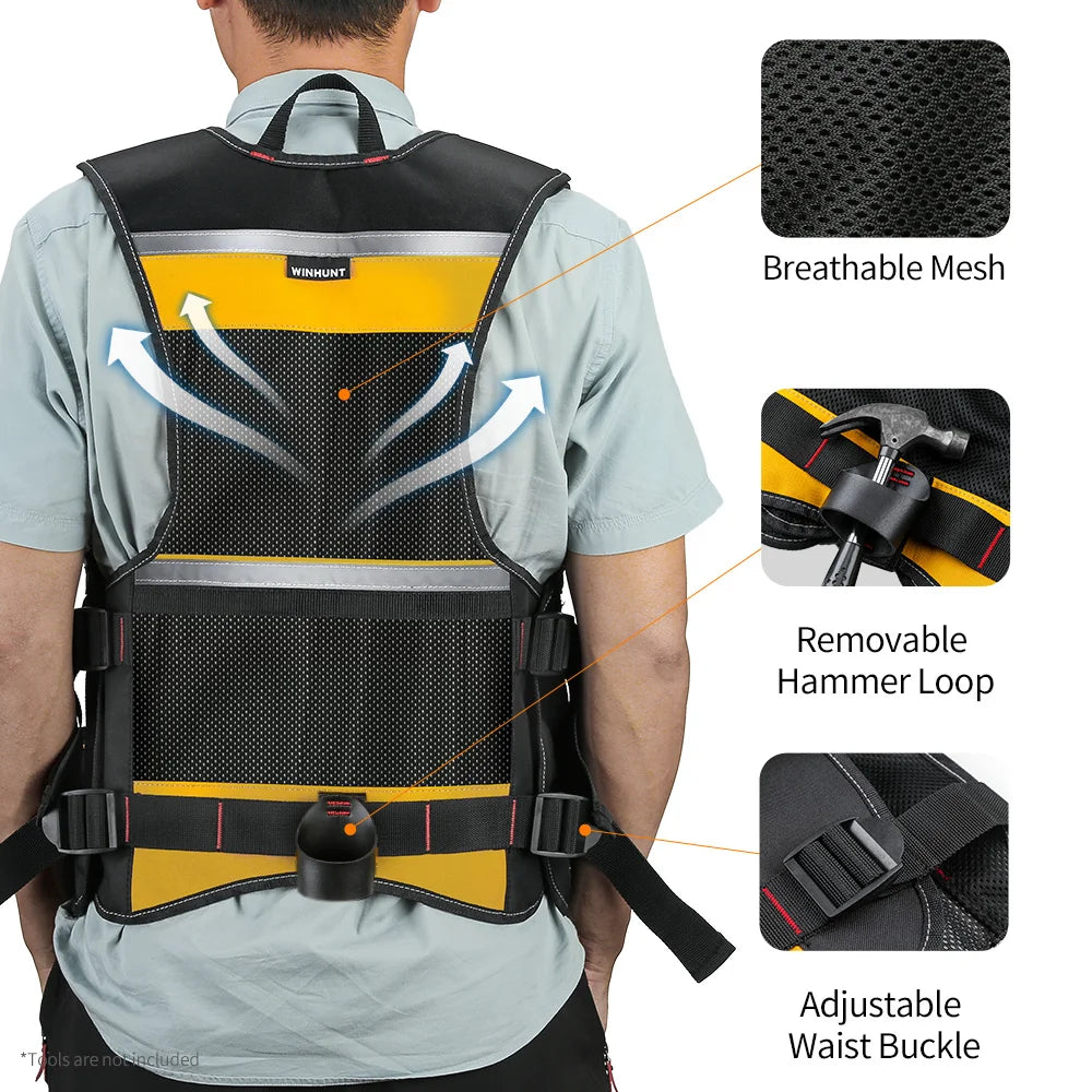 WINHUNT Tool Vest, Multi-Pocket Work Vest with Reflective Strips, Oxford Fabric Construction, Black and Yellow