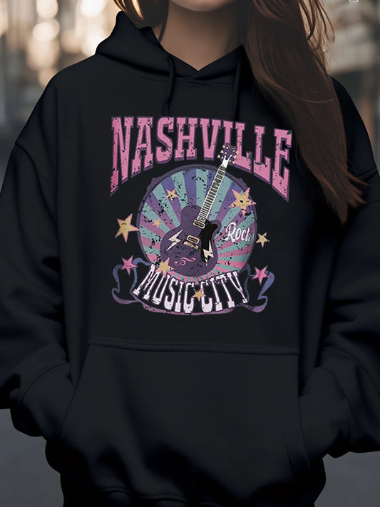 Nashville Music City Rock Guitar Print Hoodie Festival Casual Wear Women's Fashion