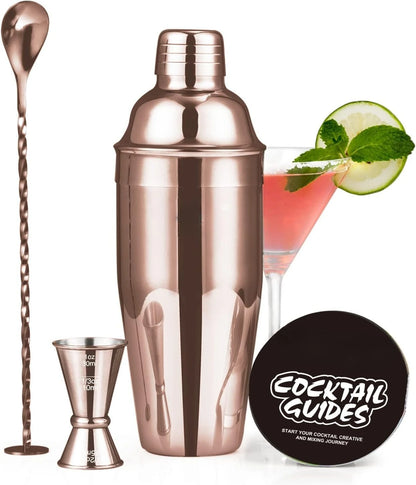 Cocktail Shaker 24oz Drink Shaker with Bartender Strainer, Measuring Jigger, Bar Mixing Spoon, Professional Drink Mixer Silver