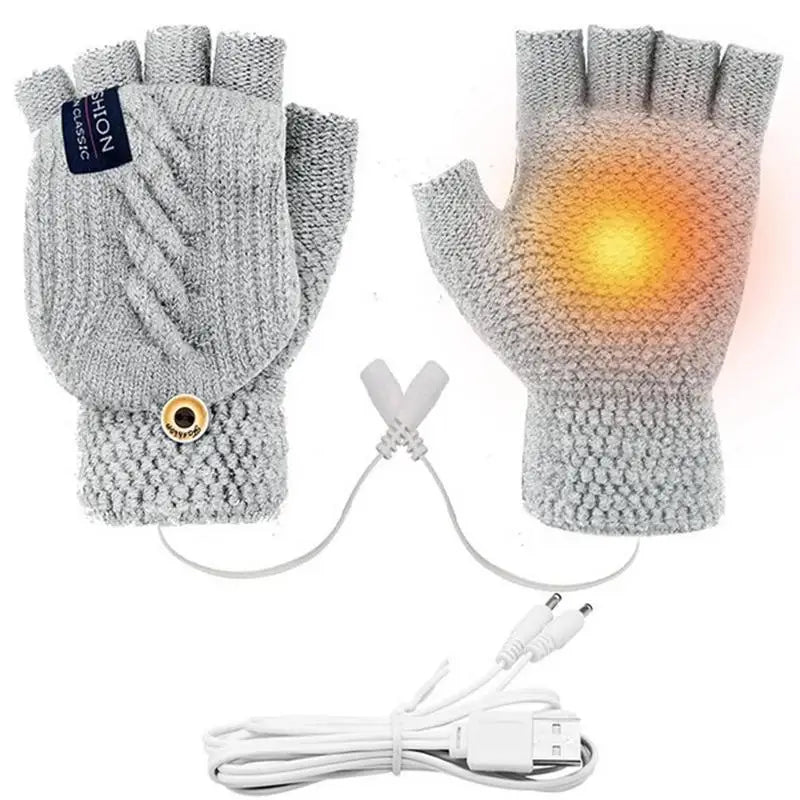 Winter USB Heated Gloves Fingerless Knitted Mittens Adjustable Electric Heated Gloves Cycling Skiing Gloves For Women & Men