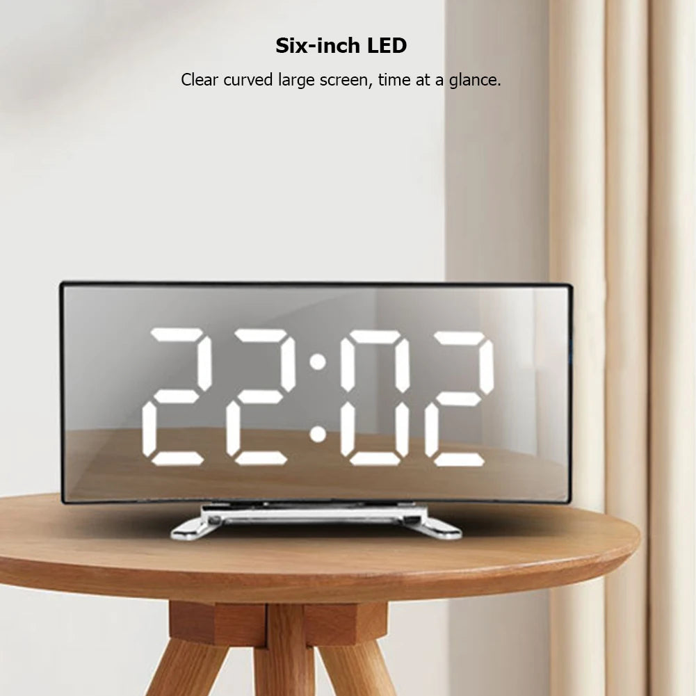 Creative LED Curved Screen Mirror Alarm Clock Large Display Bedside Table Digital Clock for Home Office Dormitory