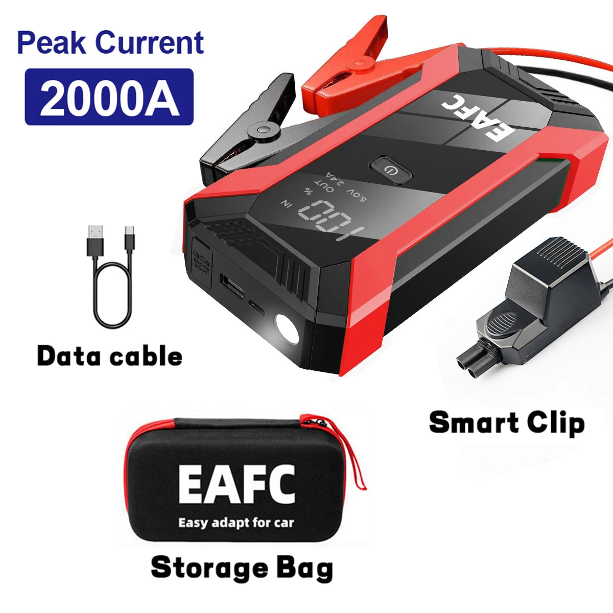 2000A Car Jump Starter Power Bank LED Flashlight Portable Emergency Car Battery Booster Device 5V/2A USB Output for 12V AUTO