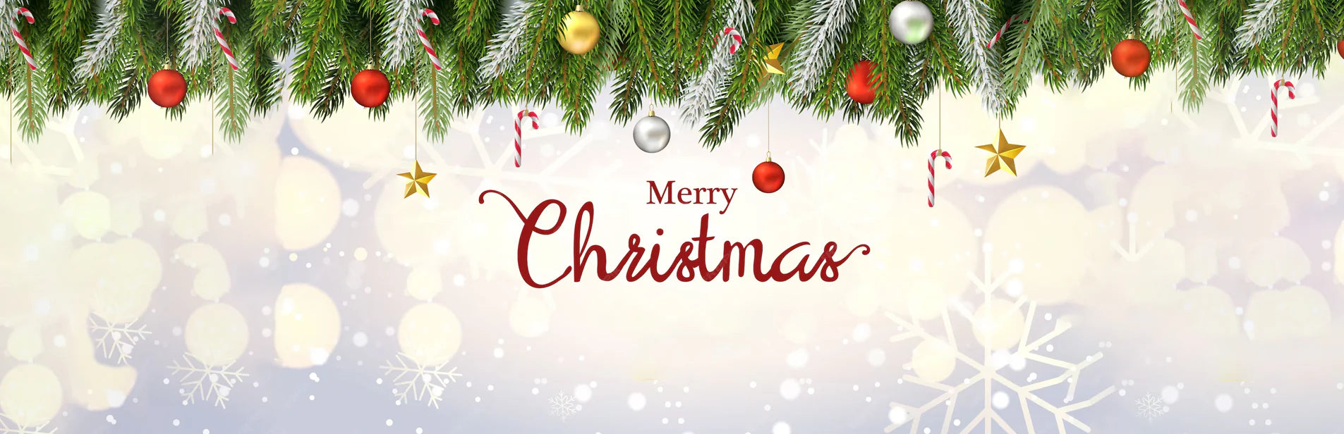 Decorative Christmas banner with ornaments and 'Merry Christmas' text on a light background.