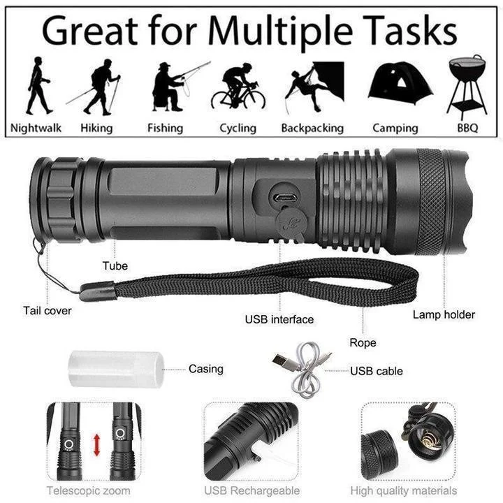 Powerful LED Flashlight – 90,000 Lumens Rechargeable Tactical Torch